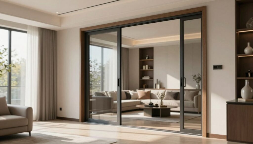 A detailed analysis of door frame costs, featuring a modern living space with an elegant sliding door installed. In the foreground, display a close-up of a high-quality door frame made from premium materials, highlighting texture and craftsmanship. In the middle, show the door slightly open, allowing a glimpse of a stylishly decorated interior. The background should contain a bright, airy room with natural light streaming through large windows, casting soft shadows. Use a warm color palette to evoke a feeling of sophistication and comfort. The scene should be well-composed with a professional, inviting atmosphere, ideal for illustrating concepts of cost analysis and durability in door frame solutions.