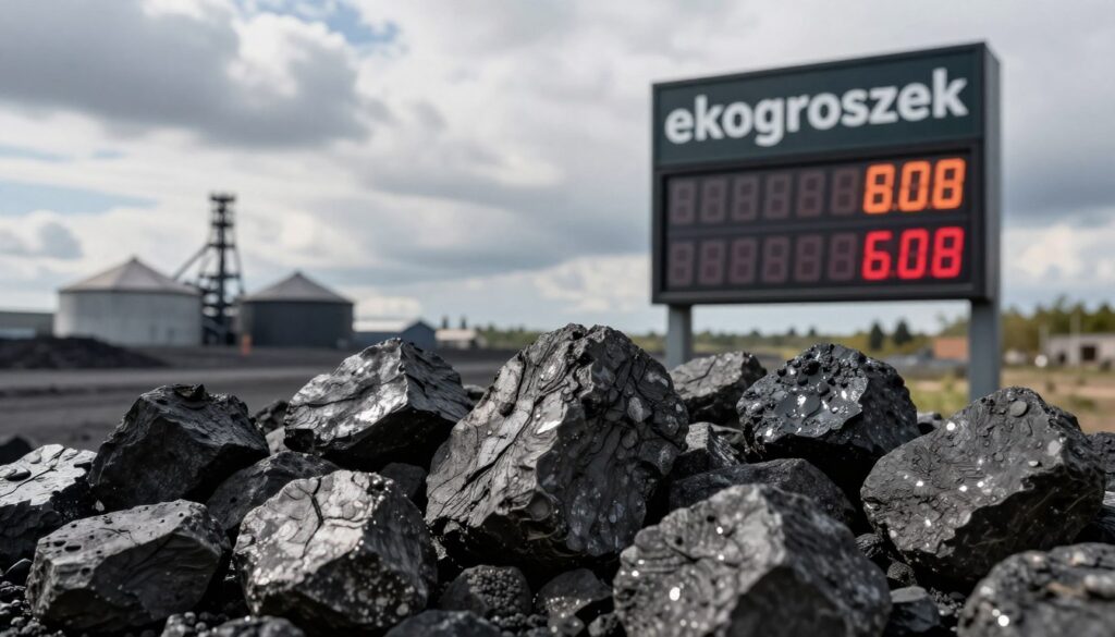 A detailed and informative visual representation of "ekogroszek" pricing. In the foreground, showcase a variety of eco-friendly coal chunks in different sizes, glistening under soft, natural light to highlight their texture. In the middle ground, include a digital display board showing fluctuating prices, subtly illuminated to emphasize the active market. The background should feature a serene industrial landscape with coal storage facilities against a cloudy sky, conveying a sense of both industry and environmental consciousness. Use a wide-angle lens for depth, ensuring a realistic portrayal with clear detail. The atmosphere should evoke curiosity and insight into the evolving market for eco-friendly coal, inviting viewers to explore the factors influencing its price.