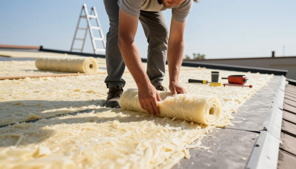A detailed and structured scene showcasing the process of insulating a flat roof. In the foreground, a worker in modest, casual clothing is carefully applying insulation material to a roof surface, with tools and equipment neatly arranged nearby. In the middle ground, rolls of insulation and a ladder are visible, hinting at an ongoing project. The background features a clear blue sky, emphasizing a bright and sunny day that enriches the atmosphere of diligence and productivity. Soft natural lighting enhances details, while a slight perspective from a low angle provides a dynamic view of the worker and the roof they are enhancing. The mood should convey a sense of improvement and comfort, reflecting the effort to increase energy efficiency in homes.