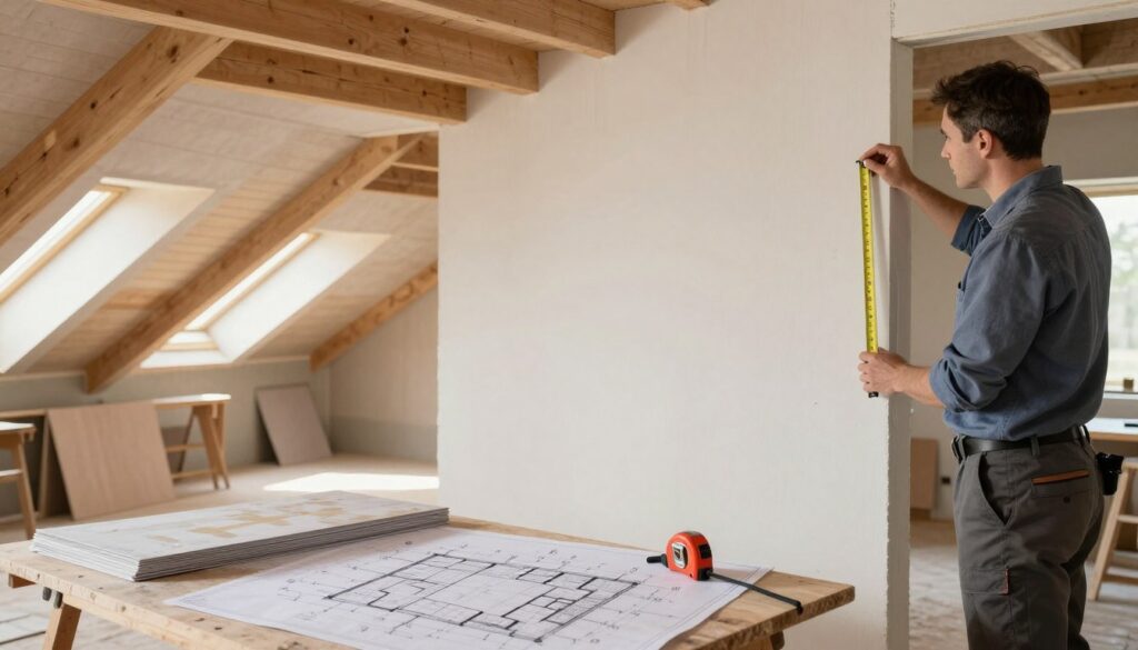 A detailed architectural drawing of a room interior being measured for drywall installation, showcasing a spacious wall, ceiling, and eaves of an attic. In the foreground, a professional in business attire measures the wall with a tape measure, focused and meticulous. The middle layer features a blueprint spread on a table with calculated surface areas marked, alongside various drywall sheets stacked neatly. The background includes a partially finished room with drywall boards leaned against the walls and natural light filtering through a window, creating a warm and inviting atmosphere. The scene captures a sense of professionalism and precision in planning for construction, emphasizing the importance of accurate measurements in preparing surfaces.