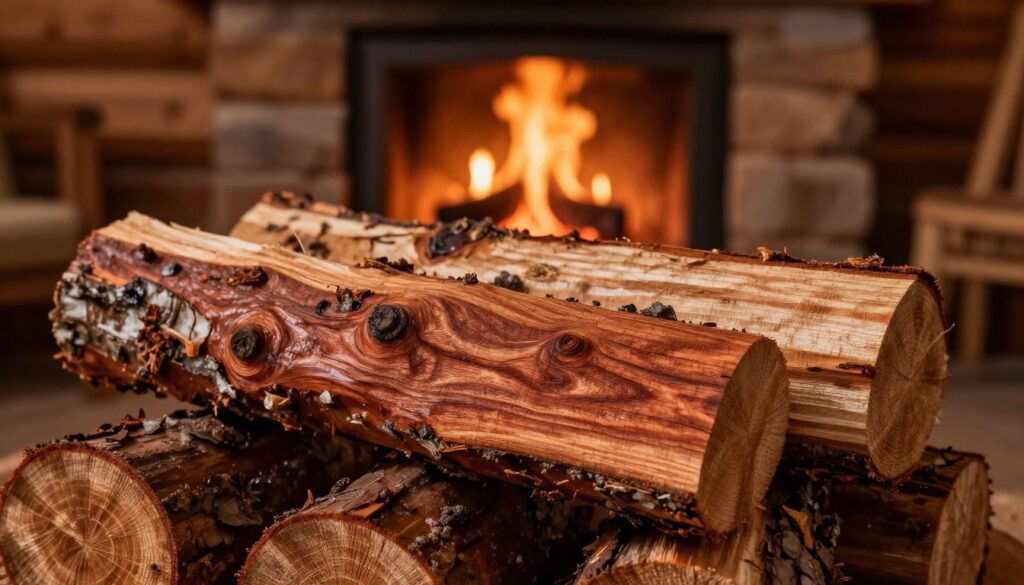 A detailed close-up of alder wood logs stacked neatly, showcasing the unique features and textures of the wood grain. The foreground highlights the rich, warm tones of the wood, emphasizing its reddish-brown color and intricate patterns. In the middle ground, a cozy fireplace flickers with gentle flames, casting a soft, inviting glow that creates a warm atmosphere. In the background, softly blurred images of a rustic cabin interior enhance the homely feel. The lighting is warm and soft, mimicking the gentle glow of an evening fire. The scene conveys a sense of warmth and comfort, perfect for illustrating the character of alder wood as firewood. Focused on natural beauty, with no distractions, in an intimate and serene setting.