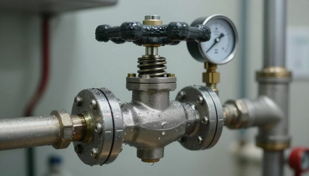 A detailed, close-up view of a safety valve, showcasing its metallic surface with intricate components, such as springs and gauges, reflecting the mechanics of a boiler system. The foreground features the valve with visible water droplets, emphasizing a potential leak. In the middle, a faint backdrop of a utility room is presented, featuring blurred boiler equipment to convey context without distraction. The lighting is soft yet focused, creating reflective highlights on the valve's polished metal, suggesting a professional diagnostic environment. The angle captures the valve from slightly below to accentuate its importance in the plumbing system, evoking a sense of urgency and technical precision. The overall mood should be clinical and serious, suitable for a technical article on troubleshooting.