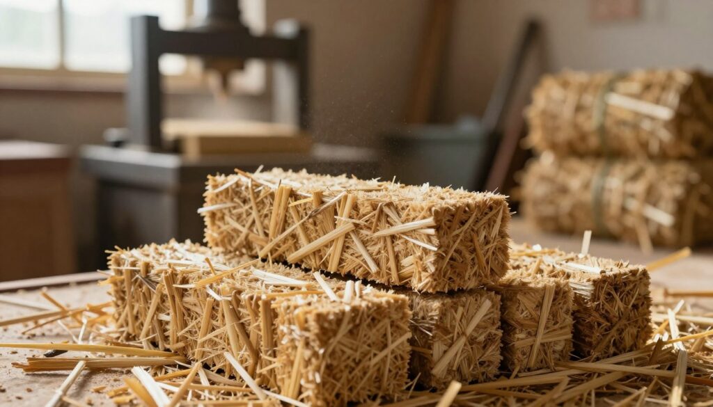 A detailed close-up view of straw briquettes, showcasing the texture and natural color variations of compressed straw. In the foreground, place several briquettes stacked orderly, with some displaying their cross-sectional cuts to reveal the internal structure. The middle ground features a rustic workshop environment, with tools commonly used for straw compression, such as a hydraulic press, and bales of straw neatly arranged. In the background, soft natural light filters through a window, illuminating dust particles in the air and creating a warm, inviting atmosphere. The overall mood should convey a sense of craftsmanship and sustainability, emphasizing the process of making straw briquettes step-by-step. Use a shallow depth of field to keep the focus on the briquettes while softly blurring the background.