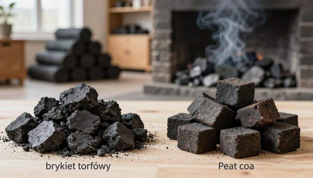 A detailed comparative illustration of "brykiet torfowy" (peat briquette) and coal, visually representing their key differences in parameters. In the foreground, showcase two distinct piles: one of dark, granular coal and the other of rich, textured peat briquettes, with labels highlighting their characteristics subtly integrated into the composition. The middle ground should have a split background, with one side depicting a clean, well-lit room setting where peat briquettes are being stored, indicative of their eco-friendliness, while the other side shows a smoky, traditional coal storage area, conveying the contrast in emissions. Use natural, warm lighting to create an inviting atmosphere, emphasizing the sustainability of peat briquettes versus the traditional coal. Capture the scene from a slightly elevated angle for a comprehensive view, ensuring a professional tone throughout.