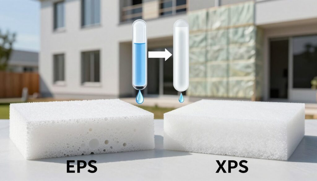 A detailed comparison illustration of EPS (expanded polystyrene) and XPS (extruded polystyrene) foam insulation materials. In the foreground, show two distinct sections of foam: one labeled EPS, textured and slightly porous, with small air pockets visible; the other labeled XPS, smooth and dense, displaying a uniform surface. In the middle ground, feature a side-by-side water absorption test, with droplets on both materials highlighting their differences in water resistance. In the background, depict a modern building under construction, emphasizing insulation panels being applied to the exterior. Use natural lighting to create a clear, informative atmosphere, with a shallow depth of field focusing on the insulation materials. The overall mood should be educational and professional.