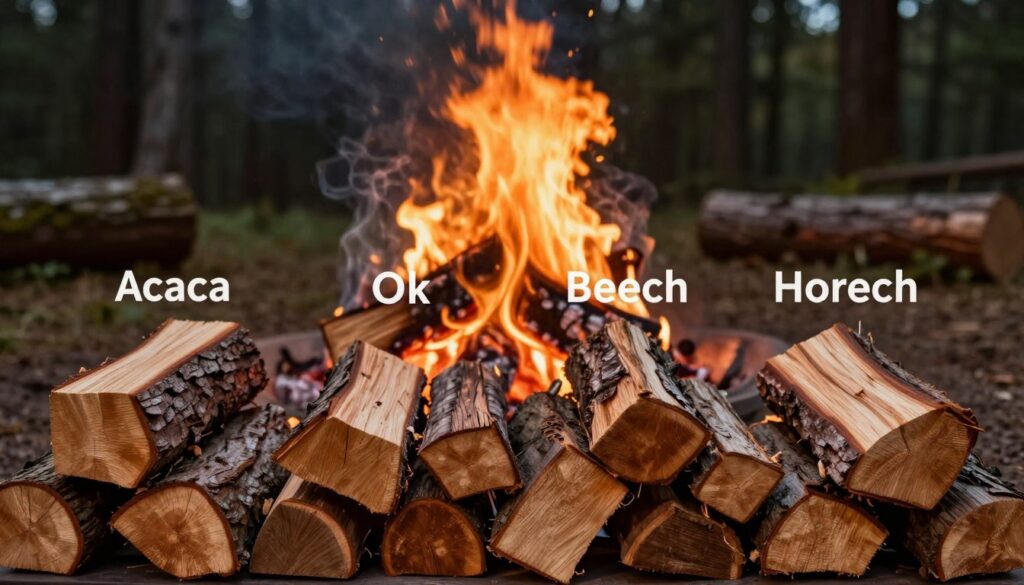 A detailed comparison image featuring four types of wood used in fireplaces: acacia, oak, beech, and hornbeam. In the foreground, display neatly stacked logs of each wood species, clearly labeled but without text. In the middle ground, illustrate a vibrant campfire, showcasing the burning characteristics of each wood type with distinct flame colors and smoke textures. The background should feature a serene woodland setting, softly lit by the warm glow of the fire, emphasizing a cozy atmosphere. Use a wide-angle lens to capture the entire scene with soft focus on the edges to evoke a sense of warmth and tranquility. The lighting should be warm and inviting, creating an intimate ambiance perfect for an evening by the fire.