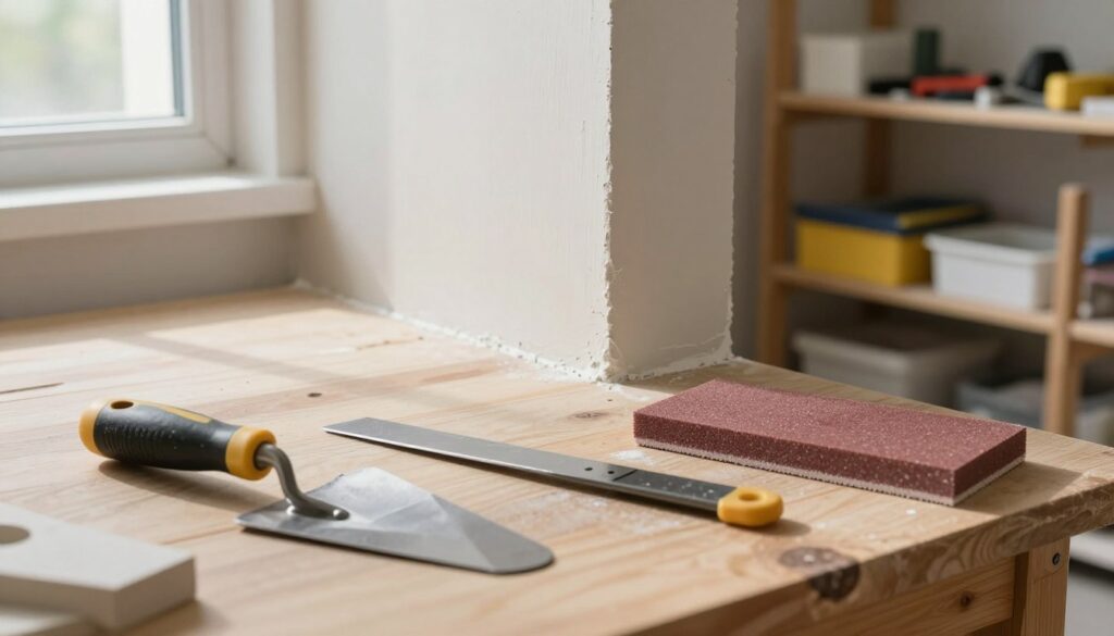 A detailed countertop scene showcasing essential corner smoothing tools for plastering work. In the foreground, feature a sharp corner trowel, a joint knife, and a sanding block, all neatly arranged on a wooden workbench. The middle ground includes a partially completed corner of a wall, highlighting a smooth, even edge with fresh plaster. Soft, natural lighting filters through a nearby window, casting gentle shadows that enhance the textures of the tools and plaster surface. In the background, blurred shelves filled with various construction tools and materials create a workshop atmosphere. The overall mood is professional and focused, inviting the viewer into the process of achieving perfect corner finishes.