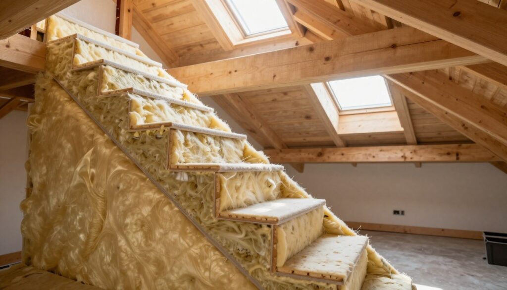 A detailed cross-section of an attic staircase with visible insulation layers, focusing on the optimal thickness of thermal insulation. The foreground features a close-up of the staircase, showcasing thick layers of modern, eco-friendly insulating materials, such as fiberglass or foam boards, measuring at least 15 centimeters in depth. The middle ground displays the stairway leading up to a well-lit attic, with beams of natural light streaming through a small window, illuminating the insulation work. The background includes a partially visible attic space with wooden beams and roofing structure. The scene is bright and inviting, giving a sense of warmth and energy efficiency. The atmosphere is professional, conveying a sense of careful planning and execution in home insulation projects.