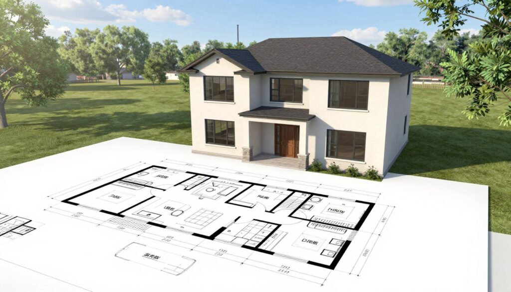 A detailed floor plan of a single-family home showcasing its usable living area, highlighting various spaces including a boiler room, living room, kitchen, and bedrooms. The foreground features a blueprints-style layout with clear labels for each room, including dimensions. In the middle, create a 3D rendering of the home structure, showing a modern design with windows and door placements. The background includes a serene suburban landscape with green trees and a clear blue sky. Soft natural lighting enhances the overall mood, emphasizing the home's features. The angle should provide a slight aerial perspective, giving depth to the layout. Overall, the atmosphere should be informative and professional, suitable for architectural analysis and understanding space usage calculations. A detailed floor plan of a single-family home showcasing its usable living area, highlighting various spaces including a boiler room, living room, kitchen, and bedrooms. The foreground features a blueprints-style layout with clear labels for each room, including dimensions. In the middle, create a 3D rendering of the home structure, showing a modern design with windows and door placements. The background includes a serene suburban landscape with green trees and a clear blue sky. Soft natural lighting enhances the overall mood, emphasizing the home's features. The angle should provide a slight aerial perspective, giving depth to the layout. Overall, the atmosphere should be informative and professional, suitable for architectural analysis and understanding space usage calculations.