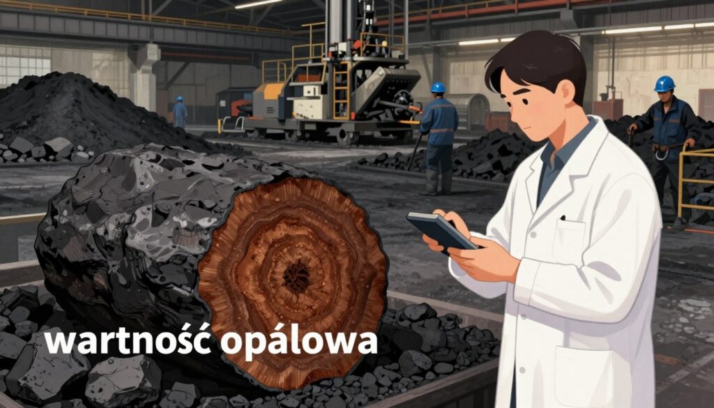 A detailed illustration capturing the essence of "wartość opałowa" (thermal value) focused on lignite coal. In the foreground, depict a cross-section of lignite coal, showing its layered texture and rich brown hues. In the middle ground, include a scientist examining the coal using a handheld device, dressed in a white lab coat, emphasizing the energy value context. The background should present an expansive coal mine, with machinery and workers in blue hard hats actively engaged in extraction. Use warm natural lighting to evoke a sense of industry and energy, with a slightly elevated perspective for depth. The mood should be industrious and informative.