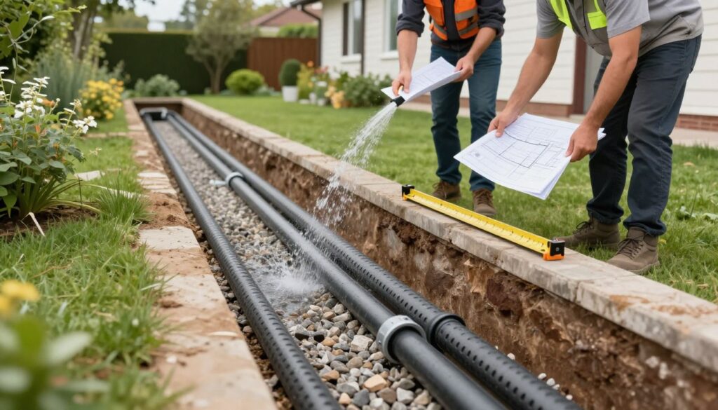 A detailed illustration of a linear drainage system, showcasing its technical aspects. In the foreground, a close-up view of a trench filled with perforated drain pipes and gravel, emphasizing the filtration process. The middle ground features workers in professional attire carefully examining a layout plan and measuring tools, demonstrating proper installation techniques. In the background, a well-maintained garden and a house with rain gutters directing water into the drainage system, highlighting effective water management. Soft natural lighting creates a calm atmosphere, while the perspective is slightly tilted to add depth. The scene focuses on the integration of technology and landscape design, showcasing an efficient drainage solution.