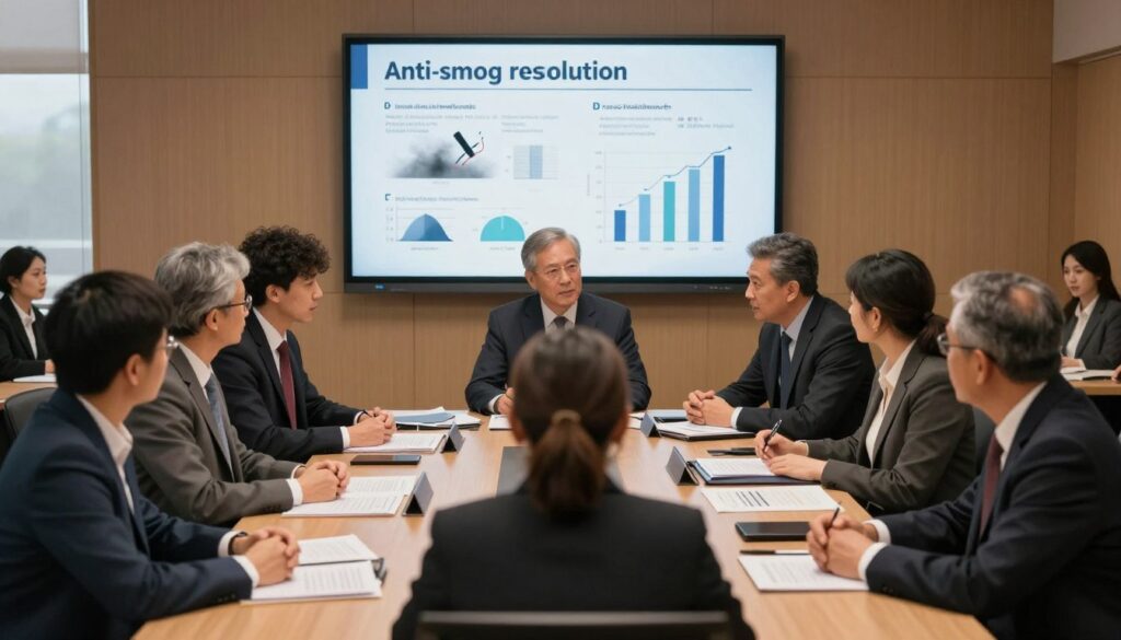 A detailed illustration of a municipal council meeting with a focus on "anti-smog resolutions." In the foreground, a diverse group of professionals in business attire, including men and women of varying ethnicities, are engaged in discussion around a large table filled with documents and reports on air quality. The middle ground features a large screen displaying graphics of air pollution statistics and charts representing local smog laws. In the background, a window reveals an overcast sky with slight smog, hinting at the issue being addressed. The lighting is warm and inviting, creating a serious yet hopeful atmosphere. The scene should convey a sense of urgency and collaboration, reflecting the importance of local governance in tackling environmental issues.