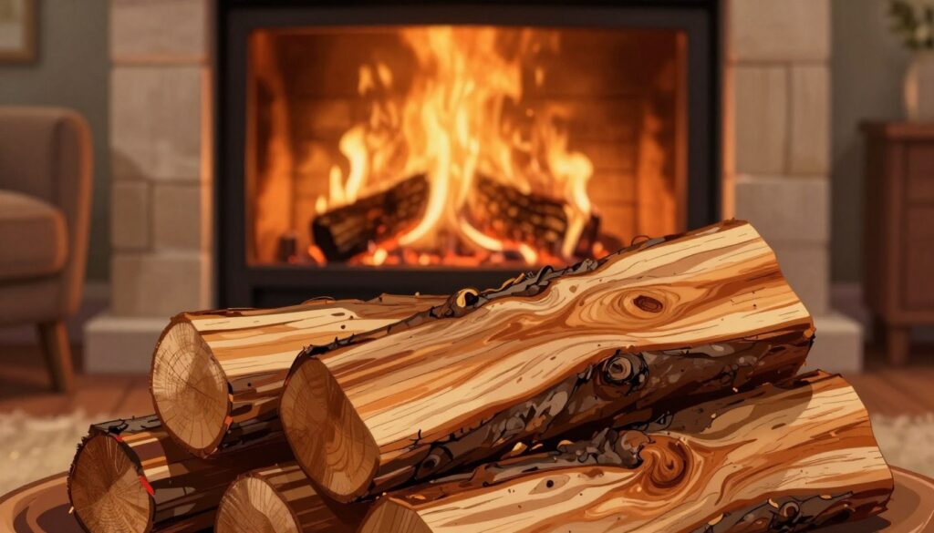 A detailed illustration of acacia wood as a fuel source for fireplaces. In the foreground, display a close-up of polished acacia logs with rich, warm hues, showcasing their unique grain patterns. The middle layer features a crackling fireplace, with bright, flickering flames casting a soft, golden light on the wooden logs, emphasizing their natural beauty. In the background, a cozy living room setting is softly illuminated, with plush furnishings and a rustic decor that creates a warm and inviting atmosphere. The image captures a serene and homely mood, highlighting the efficiency and usability of acacia wood for heating. The lighting is warm and inviting, simulating an evening ambiance, with a slight focus on the textures of the wood and flames.