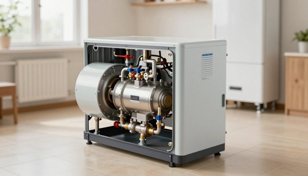 A detailed illustration of an open combustion chamber boiler, positioned prominently in the foreground, showcasing its intricate mechanics and components. The boiler has a sleek, modern design with visible parts such as the combustion chamber, gas valves, and exhaust flue. In the middle ground, a well-lit, clean installation room with tiled flooring and adequate ventilation, emphasizing safety standards. In the background, a soft-focus view of a residential setting with hints of exterior walls and windows, suggesting the context of a home heating system. The lighting is bright and inviting, highlighting the boiler's features clearly, while maintaining a technical and informative atmosphere. The image should evoke a sense of professionalism and reliability, free from any distractions or text. A detailed illustration of an open combustion chamber boiler, positioned prominently in the foreground, showcasing its intricate mechanics and components. The boiler has a sleek, modern design with visible parts such as the combustion chamber, gas valves, and exhaust flue. In the middle ground, a well-lit, clean installation room with tiled flooring and adequate ventilation, emphasizing safety standards. In the background, a soft-focus view of a residential setting with hints of exterior walls and windows, suggesting the context of a home heating system. The lighting is bright and inviting, highlighting the boiler's features clearly, while maintaining a technical and informative atmosphere. The image should evoke a sense of professionalism and reliability, free from any distractions or text.
