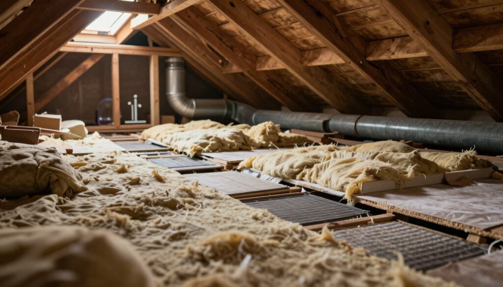 A detailed illustration of common insulation errors in an old house attic. In the foreground, various insulation materials are carelessly installed, such as unsealed gaps, sagging batts, and blocking ventilation paths. The middle ground features a partially insulated roof with visible beams, poorly placed ventilation ducts, and an unbalanced air flow indicator. In the background, the attic's old wooden framing is highlighted by warm, natural lighting filtering in through a small window, creating a slightly cluttered but realistic atmosphere. Capture the mood of a practical workshop environment, emphasizing the importance of proper techniques. A close-up view that uses a slightly lower angle to convey depth and detail, while avoiding harsh shadows or distractions.