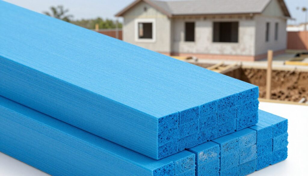 A detailed illustration of extruded polystyrene boards arranged neatly in a construction setting, showcasing their vibrant blue color. In the foreground, a close-up on a few boards, displaying their smooth, rigid texture and sharp edges. In the middle ground, a small stack of these insulation boards beside a partially excavated house foundation, hinting at their application. The background features a blurred image of an old house with visible foundation work being done, emphasizing the need for insulation. Soft, natural lighting illuminates the scene, creating a bright and professional atmosphere. The composition should convey a sense of practicality and focus on energy efficiency, indicating the importance of proper insulation materials in home renovations.