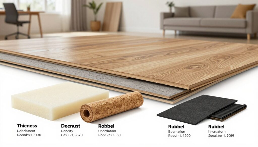 A detailed illustration showcasing the essential technical parameters for underlayment beneath vinyl flooring. In the foreground, display a variety of underlayment materials such as foam, cork, and rubber, each labeled with key attributes like thickness, density, and sound absorption ratings. In the middle, depict a partially assembled vinyl flooring installation, highlighting the importance of stability and noise reduction. The background should feature a modern, well-lit interior environment, perhaps a living room or office, enhanced by soft, diffused lighting, creating a calm and inviting atmosphere. Use a slightly angled perspective to add depth, emphasizing the layers of flooring while maintaining a professional and informative mood.