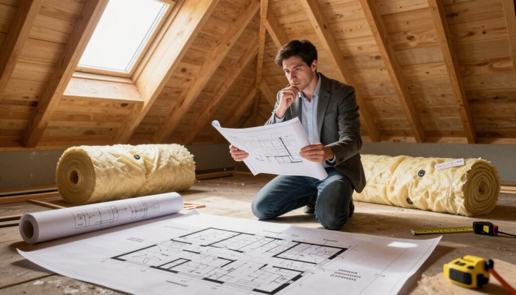 A detailed illustration showing common mistakes in estimating usable attic space for insulation purposes. In the foreground, a detailed floor plan is spread out, featuring various measurements and annotations highlighting common errors. In the middle ground, a professional wearing modest business attire is examining the blueprint with a thoughtful expression, surrounded by several construction materials like insulation rolls and measurement tools. The background showcases a sloped attic ceiling with dimensional lumber and insulation materials partially installed, creating a realistic home improvement scenario. Natural light streams in from a small dormer window, creating a warm and focused atmosphere, while shadows provide depth to the scene. The overall mood is professional and informative, emphasizing accuracy in home renovation projects without distracting elements. A detailed illustration showing common mistakes in estimating usable attic space for insulation purposes. In the foreground, a detailed floor plan is spread out, featuring various measurements and annotations highlighting common errors. In the middle ground, a professional wearing modest business attire is examining the blueprint with a thoughtful expression, surrounded by several construction materials like insulation rolls and measurement tools. The background showcases a sloped attic ceiling with dimensional lumber and insulation materials partially installed, creating a realistic home improvement scenario. Natural light streams in from a small dormer window, creating a warm and focused atmosphere, while shadows provide depth to the scene. The overall mood is professional and informative, emphasizing accuracy in home renovation projects without distracting elements.