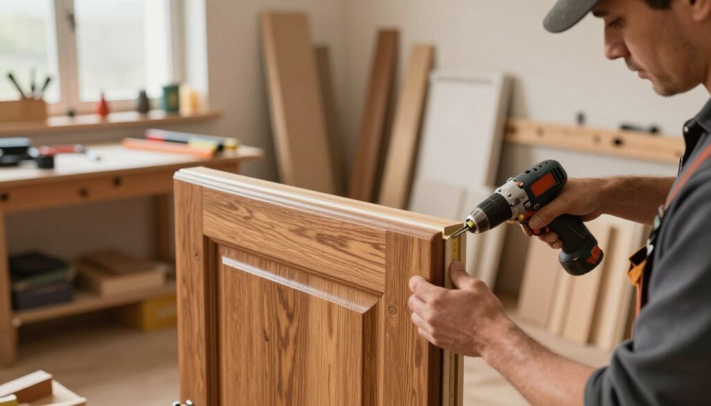 A detailed image of a professional installation of a door wing with a frame. In the foreground, a skilled carpenter, dressed in work safety attire, is carefully aligning a wooden door wing to the frame with precision tools like a level and drill. The middle layer showcases the door's rich wood grain and polished surface, emphasizing craftsmanship. The background includes a well-lit workshop atmosphere, with tools, a workbench, and partially completed doors in soft-focus. Warm, natural lighting filters through a window, casting gentle shadows and creating a cozy, productive ambiance. The scene captures the meticulous process and technical aspects of door installation, highlighting expertise and attention to detail.