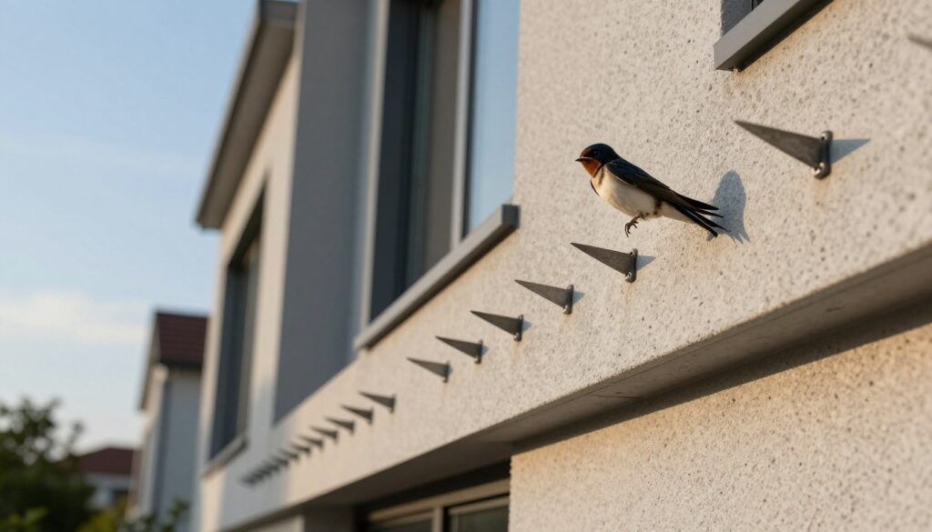 A detailed image of bird spikes installed on a building facade to deter swallows, showcasing the spikes in the foreground sharply illuminated by soft morning light. In the middle ground, a portion of the modern building's textured exterior is visible, emphasizing the contrast between the spikes and the architectural surface. In the background, a clear blue sky adds to the atmosphere of a peaceful suburban setting. The shot is taken from a slightly low angle to capture both the spikes and the building architecture prominently, evoking a sense of purpose and protection without harming the birds. The overall mood is serene yet practical, highlighting a humane method of pest deterrent without depicting any swallows or wildlife.