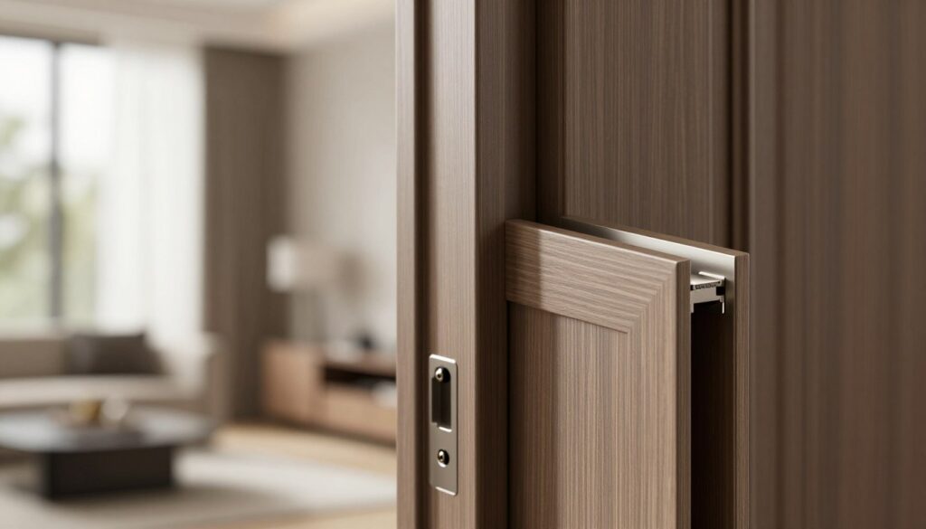 A detailed image of the "Porta System Elegance" door edge construction and frame, showcasing a modern and sleek design. In the foreground, focus on the intricacies of the door edge, highlighting materials like high-quality wood or laminate, with a smooth finish and precise angles. In the middle, display the sophisticated frame, emphasizing its role in door functionality, with clear lines and elegant details including mounting hardware. The background should be softly blurred to suggest a stylish interior space, illuminated by natural light filtering through a window, creating a warm and inviting atmosphere. The overall mood is one of refinement and practicality, suitable for a contemporary home. The layout should be captured from a slight angle to enhance depth and detail, with a crisp focus on the door's attributes. A detailed image of the "Porta System Elegance" door edge construction and frame, showcasing a modern and sleek design. In the foreground, focus on the intricacies of the door edge, highlighting materials like high-quality wood or laminate, with a smooth finish and precise angles. In the middle, display the sophisticated frame, emphasizing its role in door functionality, with clear lines and elegant details including mounting hardware. The background should be softly blurred to suggest a stylish interior space, illuminated by natural light filtering through a window, creating a warm and inviting atmosphere. The overall mood is one of refinement and practicality, suitable for a contemporary home. The layout should be captured from a slight angle to enhance depth and detail, with a crisp focus on the door's attributes.