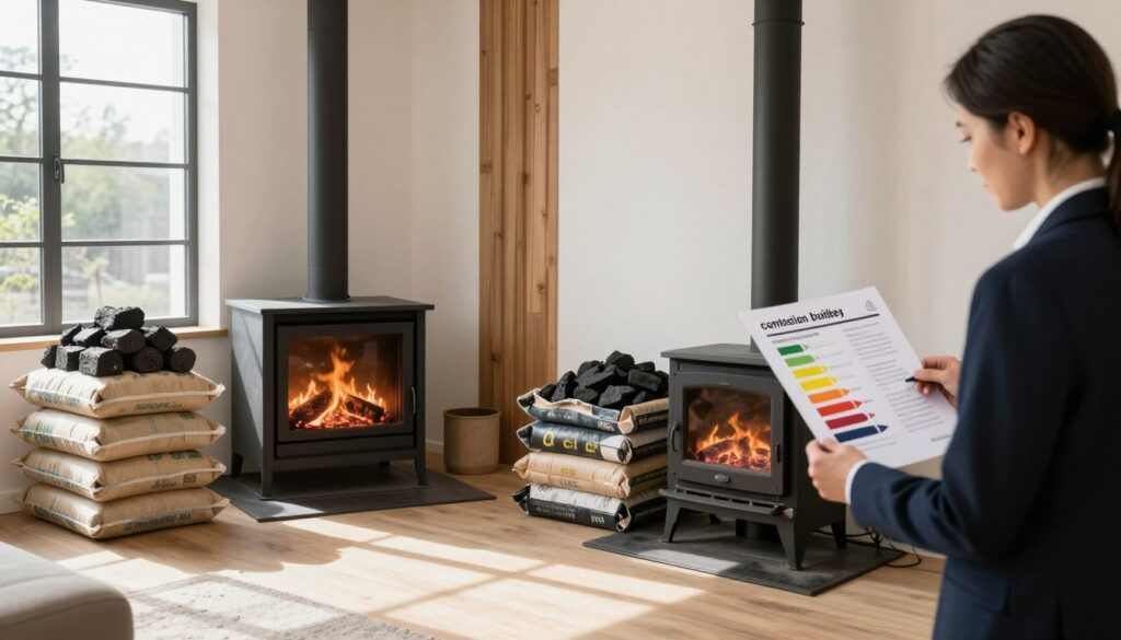 A detailed interior scene showcasing a comparison of fuel selection for buildings, featuring two distinct areas with different heating options: one side displays carefully stacked bags of peat briquettes alongside an inviting, modern fireplace, while the other highlights bags of coal positioned next to a traditional coal stove. Bright, natural light pours in from large windows, illuminating the space and casting soft shadows across the floor. In the foreground, a professional in business attire examines a chart comparing combustion efficiency, costs, and user convenience. The atmosphere is informative yet welcoming, emphasizing a thoughtful approach to fuel choices depending on building type. The background features minimalist decor with wooden accents, creating a harmonious and professional setting.