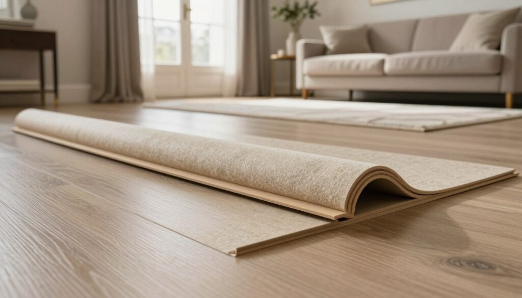 A detailed interior scene showcasing soundproofing solutions under luxury vinyl flooring. In the foreground, a partially installed vinyl panel with visible acoustic underlayment, demonstrating texture and insulation features. The middle ground features the room's layout, with elegant furnishings such as a stylish sofa and a cozy rug, enhancing the sense of comfort and tranquility. The background shows a well-lit space with soft, natural light streaming through large windows, creating a warm, inviting atmosphere. The camera angle is slightly elevated, capturing the depth of the room and emphasizing the acoustic isolation materials. Overall, the mood is serene and sophisticated, illustrating the concept of a stable and quiet living environment. No text or branding is present in the scene.