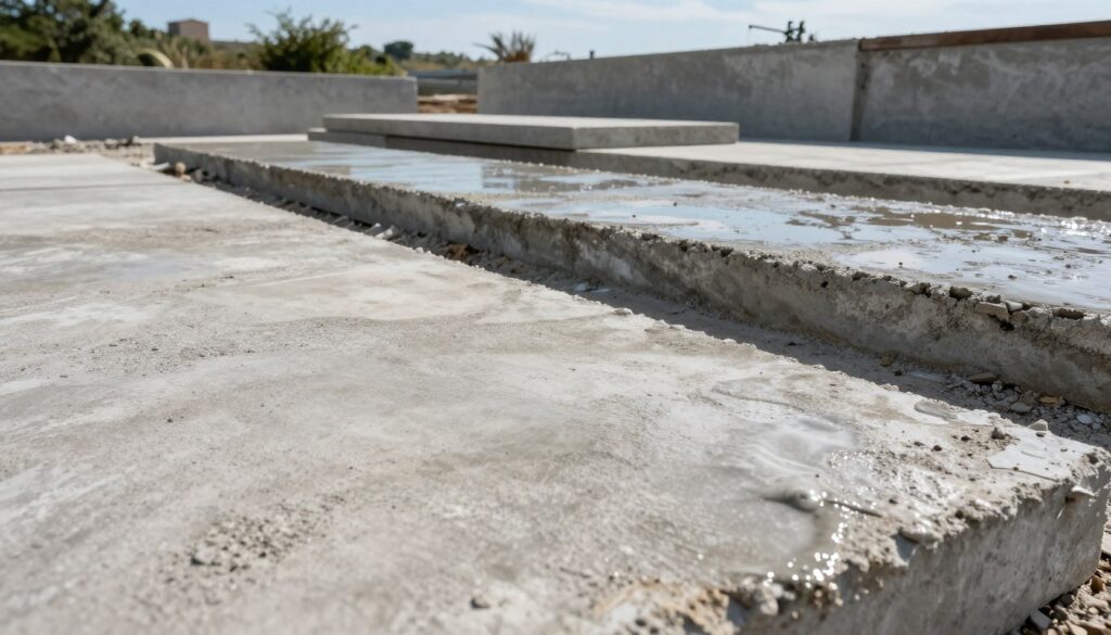 A detailed outdoor scene showcasing various concrete surfaces exposed to weather elements. In the foreground, highlight a textured concrete slab with visible treatment options, like sealants and protective coatings, glistening under soft, natural sunlight. In the middle ground, depict different types of concrete structures—smooth, textured, and stamped—exhibiting signs of weathering and the effects of moisture and frost. The background should include a contrasting landscape with greenery and a clear blue sky, further emphasizing the durability challenge faced by outdoor concrete. Utilize a slightly angled perspective to capture depth and dimension. The overall mood should be educational and informative, emphasizing resilience and protection against the elements. Ensure the scene is devoid of any people or distractions, focusing entirely on the concrete surfaces.