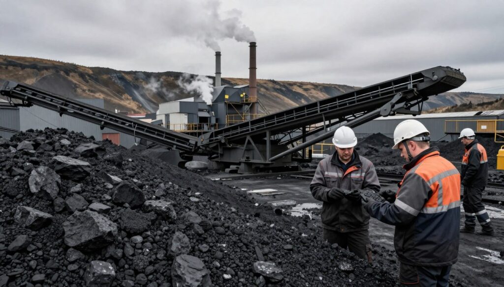 A detailed scene depicting the current situation in Poland's coal mining industry, focusing on a coal mine environment. In the foreground, workers in professional attire, equipped with safety helmets and gear, are examining coal samples. The middle ground features a large coal conveyor belt transporting raw coal, with a backdrop of rugged hills and grey sky. In the background, coal processing facilities with smokestacks billow soft clouds of steam, contributing to the industrial atmosphere. The lighting is overcast, adding a somber yet realistic mood to the scene. Capture this scene from a slightly elevated angle to provide an overview, with a focus on the miners' activity and the raw material prominently displayed.
