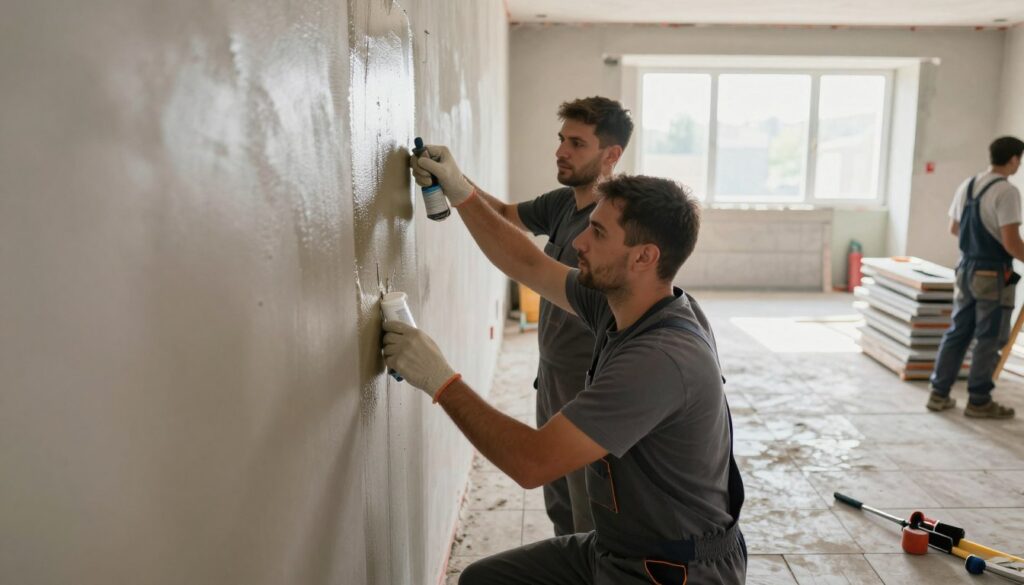 A detailed scene of professional workers performing wall waterproofing (hydroizolacja) in a modern construction environment. In the foreground, two workers in professional business attire apply a waterproof sealant to a smooth, freshly prepared wall surface, showcasing their focused expressions. The middle ground features a partially tiled floor with newly laid tiles, and construction tools scattered around, indicating the preparatory work involved. The background shows a well-lit, organized construction site, with stacks of materials and a window letting in natural light. The mood is industrious and purposeful, highlighting the meticulous nature of the waterproofing process. The lighting is warm but bright to emphasize the clarity of the scene, shot with a slight wide-angle lens for depth.