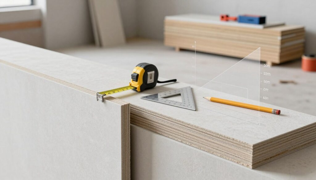 A detailed technical illustration showcasing the differences in demand for gypsum boards in one and two-layer applications. In the foreground, two distinct sections display a wall composed of one layer and another composed of two layers of gypsum boards, emphasizing the thickness differences through cross-sectional views. In the middle ground, a measuring tape and tools such as a square and pencil are positioned to convey a construction context, while a semi-transparent graph overlays the scene, highlighting material quantities needed. The background features a softly lit construction site, with stacks of gypsum boards and tools organized neatly. The atmosphere is professional and educational, with diffused lighting creating a clean, well-organized space. The perspective is slightly angled, allowing viewers to appreciate both layers and their implications in a real-world setting.