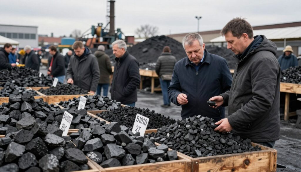 A detailed view of a coal market scene in Poland, showcasing a bustling marketplace with vendors and buyers negotiating prices. In the foreground, a wooden stall displays various types of coal, with price tags clearly visible. In the middle ground, people in professional attire discuss and examine the coal, conveying a sense of business and industry. The background features an industrial landscape with coal piles and machinery, under a slightly overcast sky that adds a somber yet realistic mood. Soft, diffused lighting highlights the textures of the coal and the expressions of the individuals. The camera angle is slightly elevated, providing a comprehensive view of the market's interaction, emphasizing the analysis of current coal prices.