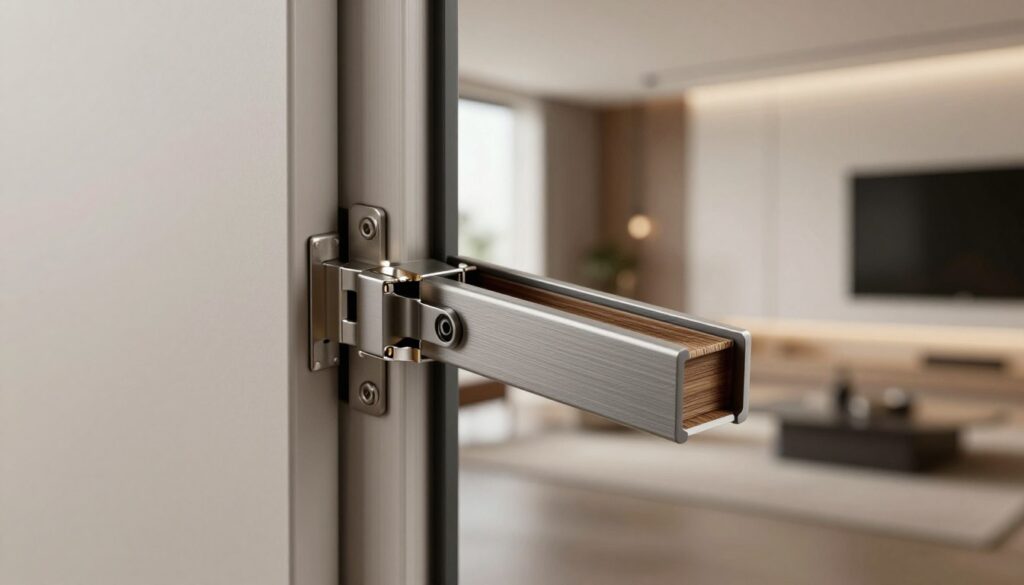 A detailed view of a modern door wing construction, showcasing the sleek lines and minimalist design. In the foreground, a close-up perspective of the door wing reveals intricate detailing of the edges and surface finish, emphasizing its seamless integration into the wall. In the middle, an assembly of components like hinges and frames provides insight into its sturdy build, portrayed with brushed metal textures and a polished wooden panel. The background features a softly lit contemporary interior space, enhancing the modern aesthetic of the door. Natural light filters through a nearby window, creating a warm and inviting atmosphere. The image should evoke a sense of innovation and sophistication in modern architecture, highlighting the key differences in wing construction without any text or distractions.
