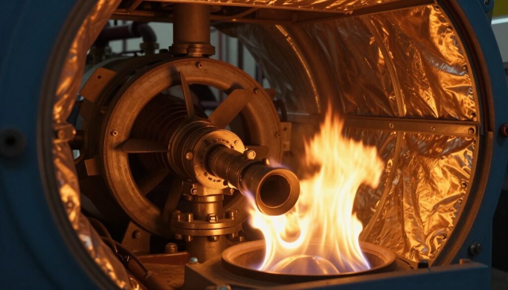 A detailed view of an open combustion chamber of a gas boiler, showcasing the intricate components and flames. In the foreground, visualize the burning flames with bright orange and yellow hues, illuminating the chamber's inner walls, which are lined with metal and insulation. In the middle ground, focus on the burner assembly with visible gas jets and a combustion fan, creating a dynamic atmosphere with flickering shadows. The background should feature pipes and ventilation systems, emphasizing the engineering of the installation. The lighting is warm yet focused, casting dramatic highlights and shadows to accentuate details. Convey a sense of caution and technical sophistication, reflecting on the risks associated with using atmospheric devices. A detailed view of an open combustion chamber of a gas boiler, showcasing the intricate components and flames. In the foreground, visualize the burning flames with bright orange and yellow hues, illuminating the chamber's inner walls, which are lined with metal and insulation. In the middle ground, focus on the burner assembly with visible gas jets and a combustion fan, creating a dynamic atmosphere with flickering shadows. The background should feature pipes and ventilation systems, emphasizing the engineering of the installation. The lighting is warm yet focused, casting dramatic highlights and shadows to accentuate details. Convey a sense of caution and technical sophistication, reflecting on the risks associated with using atmospheric devices.