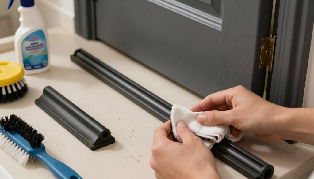 A detailed workspace showcasing the conservation of door seals and hardware. In the foreground, a pair of hands carefully cleaning a rubber door seal with a soft cloth, focusing on removing dirt and debris. The middle section features an array of cleaning tools like brushes, spray bottles, and lubricant. In the background, an elegant anthracite-colored door is partially visible, highlighting the materials used. The lighting is soft and warm, simulating a cozy indoor atmosphere, allowing the viewer to appreciate the details of the scene. The angle is slightly above eye level, giving a clear view of the cleaning process and surrounding tools while emphasizing cleanliness and maintenance expertise.