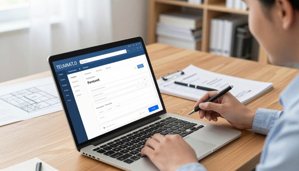 A digital workspace setting highlighting an online platform for validating construction permits. In the foreground, a close-up of a laptop screen displaying a user-friendly interface filled with form fields and search buttons, set against a sleek wooden desk. To the side, a professional in business attire, a focused expression as they interact with the laptop, demonstrating the verification process. The middle ground features a notepad with sketches and notes related to construction, adding depth. In the background, a softly lit office environment with architectural blueprints and a bookshelf filled with legal documents. The atmosphere is one of professionalism and diligence, with bright, natural lighting enhancing clarity. The angle is slightly overhead, capturing both the screen and the engaged professional.