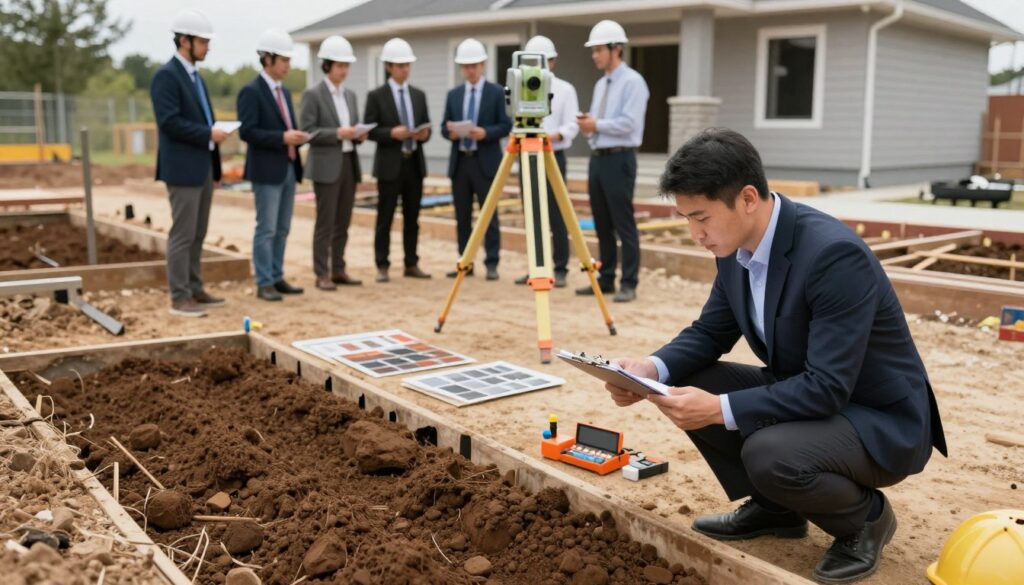 A geotechnical survey scene, showcasing professionals in business attire examining soil samples at a construction site. In the foreground, a geotechnical engineer kneels beside an open pit, analyzing soil layers with a clipboard in hand and specialized equipment like a soil testing kit. The middle ground features surveying equipment, such as a total station and soil test boreholes, surrounded by various geological samples. In the background, the foundation of a home is partially visible, with drainage solutions being discussed among a small team of engineers. The atmosphere conveys a sense of diligence and precision, captured in natural daylight with a focus on clarity and detail, simulating a wide-angle perspective to encompass the entire site.