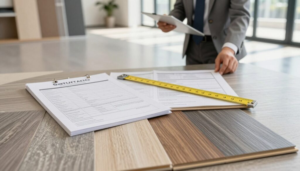 A high-quality vinyl flooring sample displayed prominently in the foreground, showcasing its texture and colors under soft, diffused lighting. In the middle ground, a set of safety compliance documents and measurement tools arranged neatly, emphasizing the importance of standards in material selection. The background features a modern, well-lit room with polished floors reflecting sunlight, creating an inviting and professional atmosphere. A skilled professional, dressed in business attire, is reviewing the materials, conveying diligence and expertise. The overall mood is focused and informative, highlighting the significance of safety standards in choosing quality vinyl products, ensuring a healthy environment. The image should convey clarity and attention to detail, suitable for a serious article.