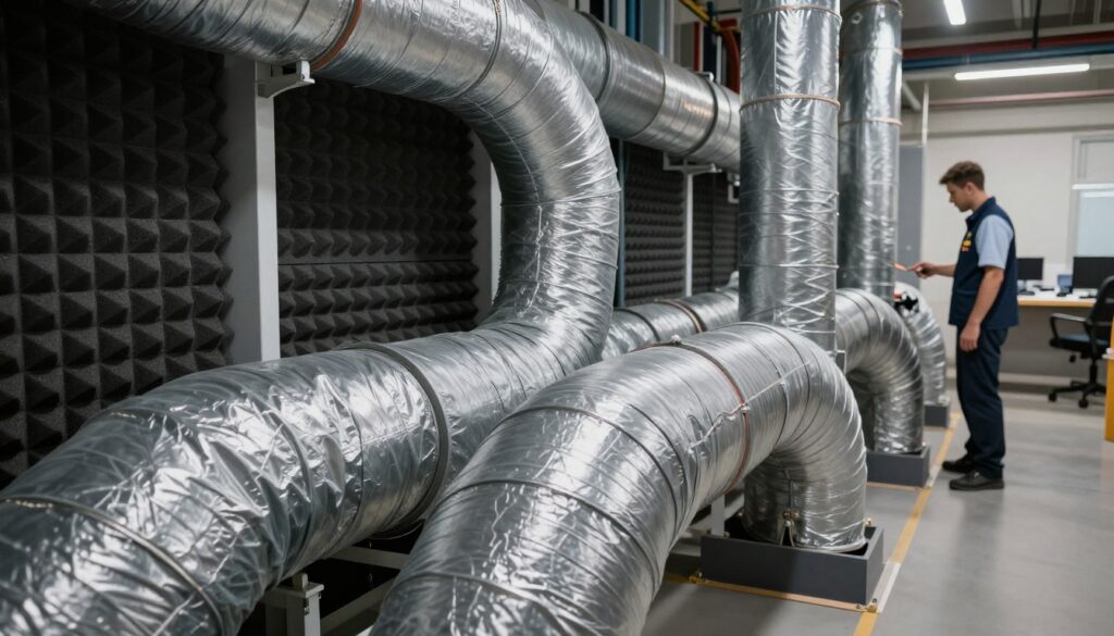 A highly detailed depiction of a modern mechanical ventilation system showcasing properly insulated ventilation ducts. In the foreground, large, insulated ventilation channels are visible, meticulously covered in thick, gray acoustic and thermal insulation material. In the middle ground, technicians in professional business attire are carefully examining the installation, using tools to ensure precision. The background features a well-lit indoor space, highlighting the importance of soundproofing and energy efficiency. Soft, ambient lighting creates a calm atmosphere, emphasizing the technical aspects of the installation process. The perspective is slightly angled to provide depth, showcasing the important elements of insulation while avoiding any extraneous distractions or clutter in the scene.