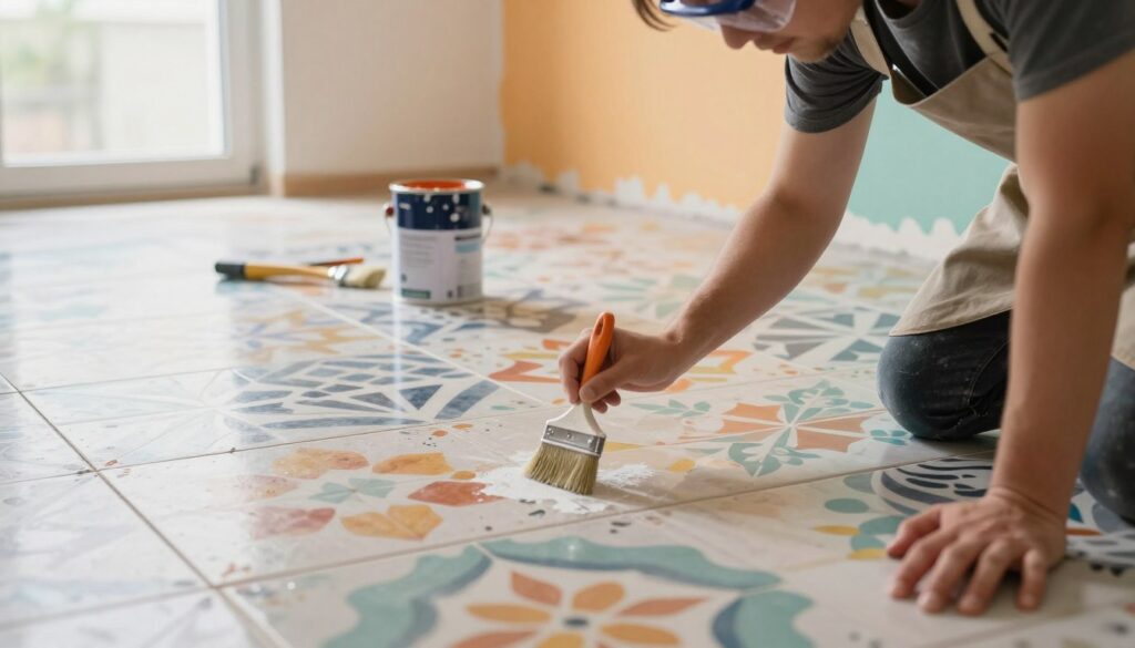 A home interior scene depicting a professional renovating floor tiles through painting. In the foreground, a person wearing a painter's apron and protective goggles, carefully applying a brush to a bright, patterned tile floor with a vibrant color palette. The midground shows a paint can and brushes, with paint splatters illustrating the creative process. In the background, a partially painted wall blends colors that complement the tiles. The setting has warm, diffused natural light coming from a nearby window, enhancing the inviting atmosphere of the renovation. The angle is slightly elevated to capture the vastness of the floor, creating an engaging and dynamic perspective.