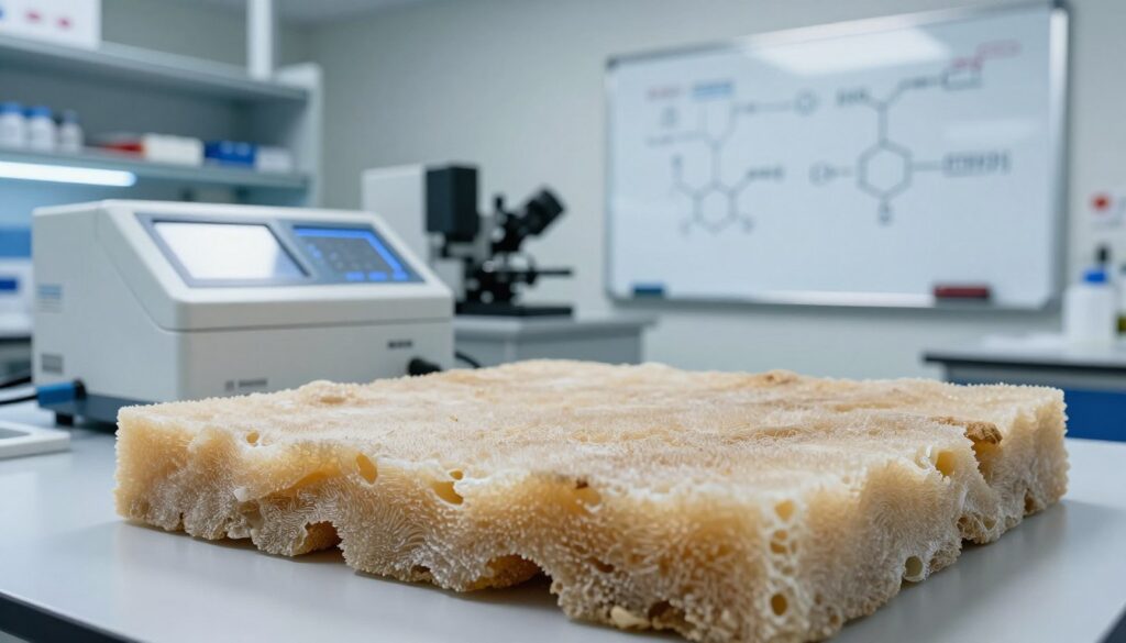 A laboratory setting focused on the oxidation process of polystyrene foam, prominently displaying a piece of thermally degraded styrofoam in the foreground, showcasing its crumbled texture and color change. In the middle ground, include scientific instruments such as a spectrophotometer and a whiteboard with chemical formulas related to oxidative degradation. The background should be a well-lit lab with shelves of research materials and a soft blue light, creating a clean, professional atmosphere. Use a slightly elevated angle for depth, emphasizing the detailed surface of the foam and the reflective screens of the scientific equipment. The mood should be informative and analytical, conveying a sense of research and discovery in building materials longevity.