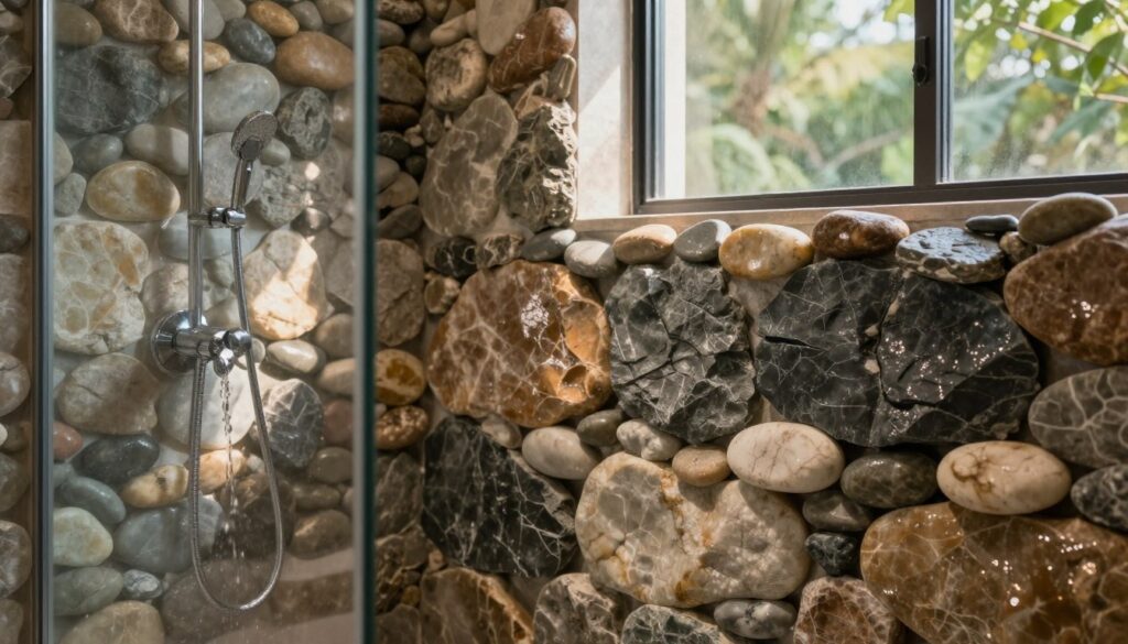 A luxurious shower space featuring beautifully arranged natural stone walls, showcasing a variety of textures and colors, including smooth river stones and rugged slate. In the foreground, there's a sleek glass shower door with soft light filtering in, creating a tranquil atmosphere. The middle section highlights the stunning stone surfaces, glistening with moisture, while a gentle, warm light casts subtle shadows that enhance the depth of the stones. The background includes a blurred view of natural greenery outside a large window, adding a serene ambiance. The overall mood is calm and sophisticated, ideal for a spa-like retreat, focusing on elegance and natural beauty. A luxurious shower space featuring beautifully arranged natural stone walls, showcasing a variety of textures and colors, including smooth river stones and rugged slate. In the foreground, there's a sleek glass shower door with soft light filtering in, creating a tranquil atmosphere. The middle section highlights the stunning stone surfaces, glistening with moisture, while a gentle, warm light casts subtle shadows that enhance the depth of the stones. The background includes a blurred view of natural greenery outside a large window, adding a serene ambiance. The overall mood is calm and sophisticated, ideal for a spa-like retreat, focusing on elegance and natural beauty.
