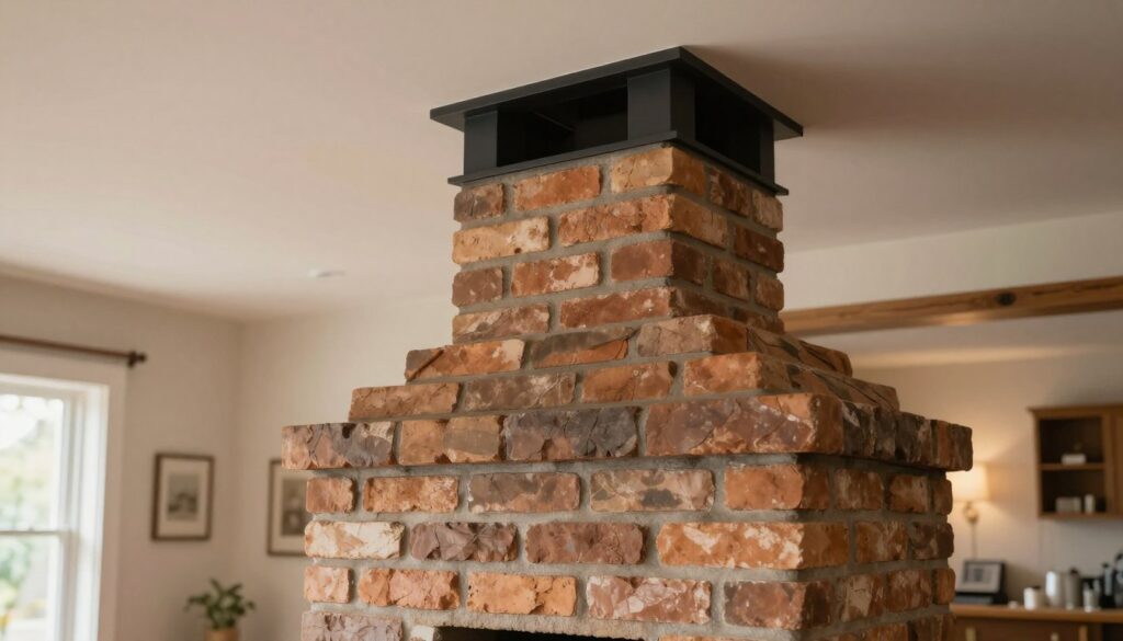 A meticulously constructed indoor chimney system, showcasing layered brickwork, safely insulated to highlight its functionality within a living space. In the foreground, focus on the textured bricks and mortar joints, capturing the craftsmanship. In the middle, illustrate the chimney extending toward a modern ceiling, with proper ventilation features clearly visible. The background can depict an open, cozy room with warm, natural lighting filtering through a window, creating an inviting atmosphere. The angle should be slightly elevated, allowing a comprehensive view of how the chimney integrates seamlessly into the home. Ensure there are no people in the image, enhancing focus on the structural details and safety compliance of the chimney system.