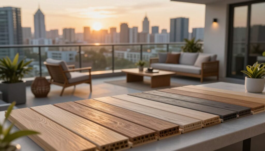 A modern balcony overlooking a cityscape, showcasing composite decking materials in an elegant arrangement. In the foreground, display a close-up of various colors and textures of composite boards, emphasizing the durability and aesthetic appeal. In the middle ground, feature a beautifully furnished balcony with stylish furniture, plants, and decorative elements, highlighting the inviting atmosphere of outdoor living. The background captures a panoramic view of a vibrant urban skyline at sunset, with warm golden lighting that enhances the scene's cozy ambiance. Use a soft focus for a dreamy effect, with a slight tilt-shift angle to draw attention to the balcony's design. The overall mood should be serene and inviting, perfect for a stylish urban retreat.