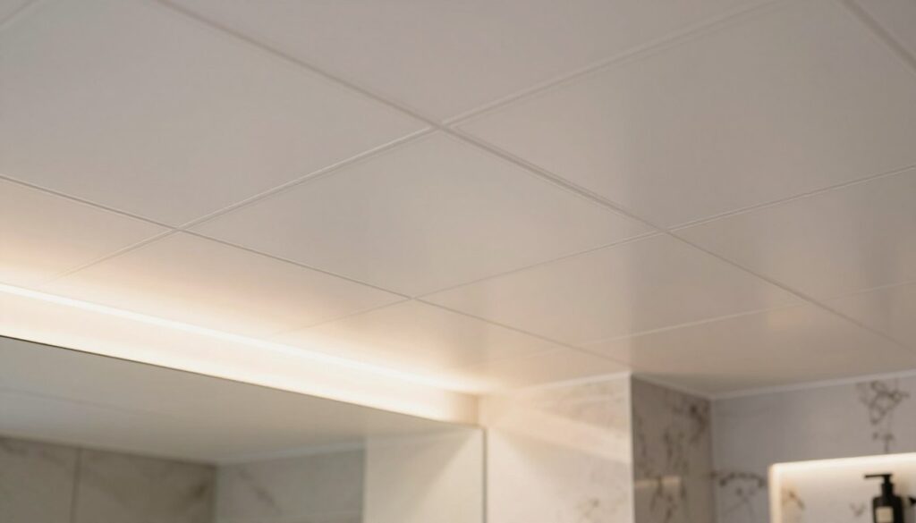 A modern bathroom featuring PVC ceiling panels that are sleek and moisture-resistant. In the foreground, focus on a well-lit section of the ceiling, showcasing the panels' smooth surface and elegant design. The middle area includes soft ambient lighting reflecting off the panels, creating a warm and inviting feel. In the background, faint hints of stylish bathroom fixtures, such as a contemporary sink and tasteful wall decor, add to the aesthetic without distracting from the panels. The scene evokes a clean, modern atmosphere, ideal for home improvement inspiration. Use a wide-angle lens to capture the entire ceiling space while ensuring a bright, cheerful lighting setup enhances the visual appeal of the PVC panels.