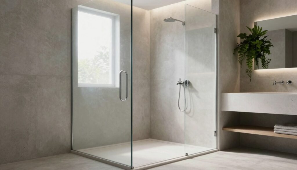 A modern bathroom featuring a stunning microcement shower area as the focal point. In the foreground, sleek, polished concrete walls with subtle texture contrast against elegant chrome fixtures. Light filters through a frosted glass panel, creating soft reflections and enhancing the minimalist aesthetic. The middle ground showcases a spacious, well-lit shower cabin lined with smooth, seamless microcement surfaces that exude sophistication and modernity. The background features stylish floating shelves with green plants, adding a touch of nature. The overall mood is serene and contemporary, with natural light illuminating the scene. Shot from a low angle to emphasize the architectural beauty of the microcement finish, creating a luxurious atmosphere perfect for a cutting-edge bathroom design. A modern bathroom featuring a stunning microcement shower area as the focal point. In the foreground, sleek, polished concrete walls with subtle texture contrast against elegant chrome fixtures. Light filters through a frosted glass panel, creating soft reflections and enhancing the minimalist aesthetic. The middle ground showcases a spacious, well-lit shower cabin lined with smooth, seamless microcement surfaces that exude sophistication and modernity. The background features stylish floating shelves with green plants, adding a touch of nature. The overall mood is serene and contemporary, with natural light illuminating the scene. Shot from a low angle to emphasize the architectural beauty of the microcement finish, creating a luxurious atmosphere perfect for a cutting-edge bathroom design.