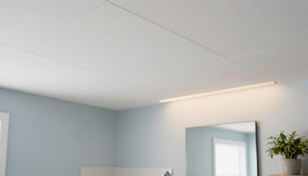 A modern bathroom featuring moisture-resistant gypsum plasterboard (drywall) panels, elegantly arranged on the ceiling. The foreground showcases the textured, white plasterboard with subtle grooves and clean edges, reflecting light softly. In the middle ground, a sleek wash basin and a contemporary mirror are partially visible, adding an air of sophistication. The background reveals light blue walls, creating a serene atmosphere, with warm, diffused lighting illuminating the space. A potted plant adds a touch of nature, enhancing the inviting feel of the bathroom. Capture the scene with a slightly elevated angle to emphasize the ceiling design and overall layout, conveying a blend of functionality and aesthetic beauty.