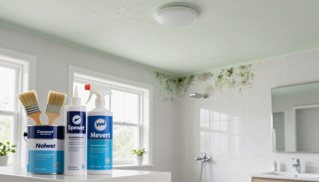 A modern bathroom interior designed to prevent mold and mildew, showcasing a freshly painted ceiling in a light, moisture-resistant color. In the foreground, display tools and materials for mold prevention, such as specialized paint cans, brushes, and a mold-resistant sealant. The middle ground captures the gleaming bathroom fixtures, emphasizing tiles and grout lines thoughtfully treated to ward off moisture. In the background, incorporate a window with natural light streaming in, illuminating the space with a bright and airy atmosphere. The overall feel is clean, fresh, and professional, perfect for a home improvement thematic, inviting viewers to consider effective solutions for moisture resistance. The lighting is soft yet bright, enhancing the cleanliness and modernity of the design.