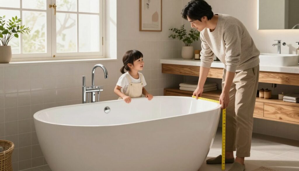A modern bathroom showcasing a well-fitted bathtub designed for different user heights, emphasizing comfort and practicality. In the foreground, a sleek, white freestanding bathtub with a chrome faucet sits prominently. To the side, a family member in modest casual clothing is measuring the height of the bathtub, with a focused expression. In the middle, stylish tiles and a wooden vanity create a warm atmosphere, while soft, natural lighting flows in through a nearby window, highlighting the serene environment. The background features tasteful décor, such as plants and bath accessories, enhancing the cozy and functional feel of the space. The overall mood is inviting and contemporary, reflecting a thoughtful approach to family comfort in home design.