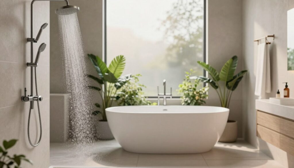 A modern bathroom showcasing an elegant shower and luxurious bathtub side by side, capturing the economic and ecological aspects of daily hygiene. In the foreground, the sleek shower features a rainfall showerhead and minimalist design, with water gently cascading. The middle ground reveals a stylish, freestanding bathtub with eco-friendly finishes, surrounded by plants that emphasize sustainability. The background displays soft natural light filtering through a frosted window, illuminating the space with a warm, inviting glow. The atmosphere is tranquil and modern, highlighting the choice between showering and bathing for efficiency and conservation. The setting is devoid of any people, allowing the focus to be entirely on the bathroom's features.